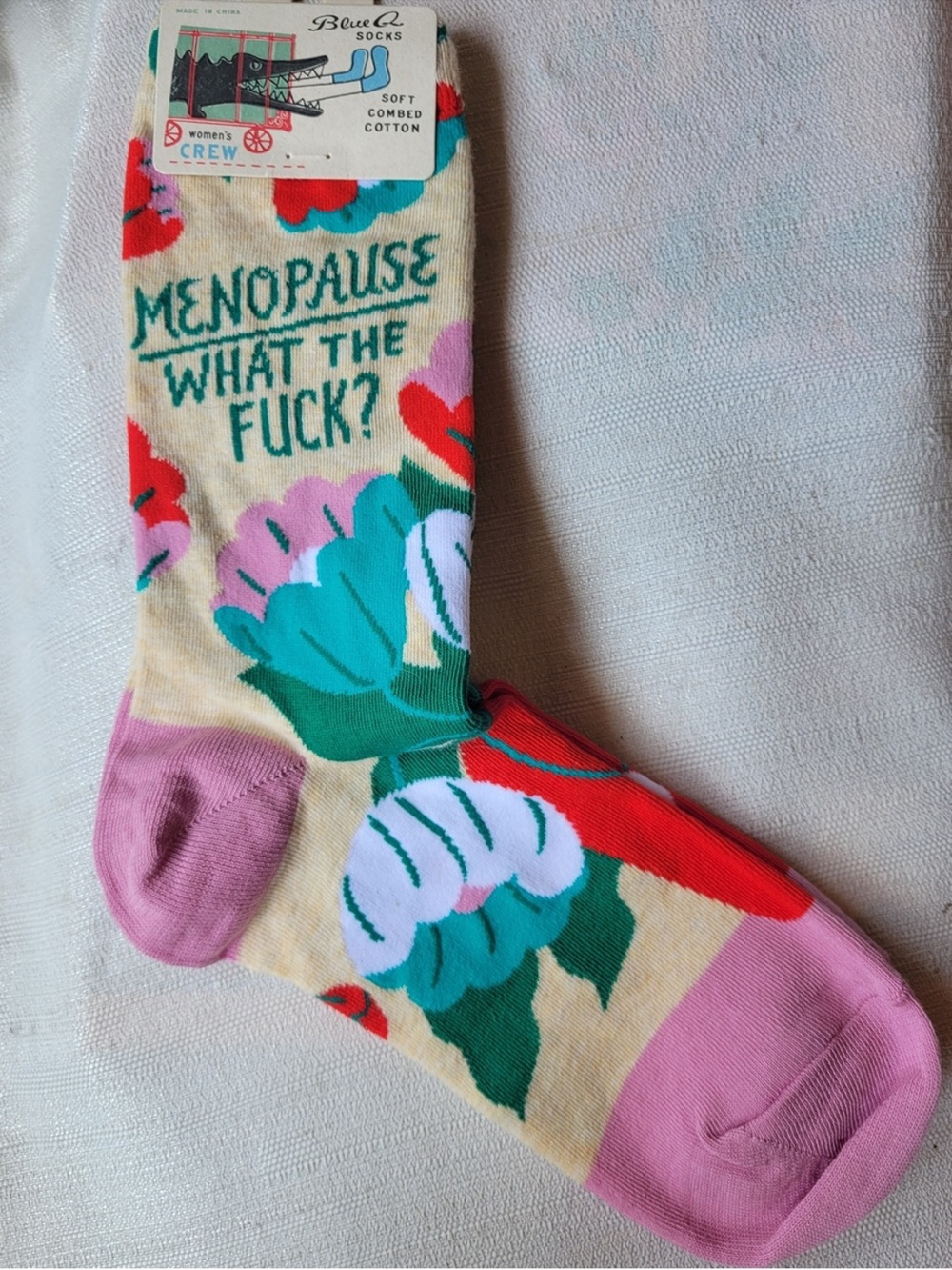 Blue Q Cream Floral 'Menopause What The F***?' Crew Socks with Pink Accents